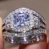 Size 5-11 Jewelry Pave Setting Princess Cut 14kt white gold filled GF Simulated Diamond Topaz 3 IN 1 Women Wedding Engagement Ring2786