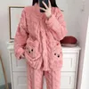 Women's Sleepwear Cute Women Pajamas Set Winter Fleece 2 Piece Pant Pocket Home Suit Fluffy Piiama Warm Button Fashion Night Wear 2023