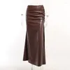 Work Dresses PU Leather Slim Suit For Women One Shoulder Crop Top Wrapped Slit Long Skirt Clubwear Sexy Outfits Fashion 2 Piece Sets
