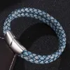 Bracelet en cuir tressé bleu rétro double couche pour hommes, bijoux à la mode en acier inoxydable, fermoir magnétique, bracelets pour hommes, cadeau 296Y