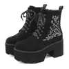 Moda flor plataforma botas chunky punk camurça couro das mulheres sapatos góticos boate rendas até volta zíper de alta qualidade 230922