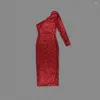 Casual Dresses Fashion Red Long Sleeve Sequins Women Dress Sexy One Shoulder 2023 Clothing Club Party Midi Bodycon