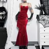 Escuro básico gótico vestidos casuais vintage gótico elegante noite sereia vestidos babados hem formal feminino sexy partywear grunge vermelho veludo vestido de outono yq231218 ic