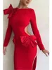 Basic Casual Dresses Red Zip Bow Backless Gown Maxi Dress Long Sleeve Split Back Button Cut Out Christmas Party Festival Evening Vestidos Club Robe 231218