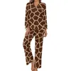 Pyjama girafe pour femmes, vêtements de nuit, imprimé animal marron, manches longues, ensemble mignon 2 pièces, loisirs, motif quotidien, costume de maison, cadeau d'anniversaire