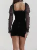 Casual Dresses Women Y2k Lace Frills Sheer Mesh Mini Dress Tie-Up Velvet Corset Solid Color Square Neck Long Sleeve Bodycon