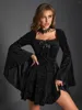 Casual Dresses Gothic Dark Sexy Velvet Dress Embossed Bow Tie Lace Splice Flare Sleeve Waist A-line Goth Style Ladies For Autumn 2023