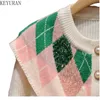 Frauen Strick rosa gestrickte Strickjacke Pullover Frauen 2024 Frühling Herbst Vintage Mode O-Neck Long Ärmeln fauler Stil Weiche Argyle-Pullover