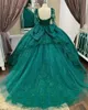 Green Princess Quinceanera Dresses With Bow Detachable Sleeves Lace Applique Beaded Ball 16Th Birthday Prom Corset Gown