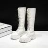 Winter Long Boot Shoes Women White Lace Up Zip Height Increasing Pu Leather Shoes Plush Botas Mujer