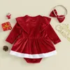 Rompers MA Baby 0-18m jul Nyfödd spädbarn Baby Girl Romper Xmas kostymer kläder ruffle långärmad Santa Romper pannband D05L231114