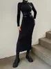 Abiti casual Abito lungo aderente nero per abbigliamento donna Dolcevita Abiti De Mujer Slim Sexy Streetwear Vita alta Patchwork Autunno