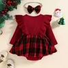 Rompers Ma Baby 0-24m Christmas Girl Red Romper新生幼児の赤ちゃんニットフリュー長スリーブ弓ジャンプスーツ格子縞のプリントXmasコスチュームD01L231114