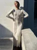 Casual klänningar kvinnor ser genom stickad klänning långärmad o-hals kroppskong stickning 2023 höst elegant kvinnlig elastisk streetwear vestidos