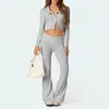 Women's Two Piece Pants Hirigin Women Knit Set Y2k Long Sleeve Zip Up Crop Hoodie And Low Rise Flare Leggings Jogger Loungewear