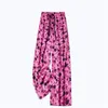 Женские брюки, летние хлопковые винтажные женские прямые брюки с принтом роз и длинной эластичной резинкой на талии, дышащие черные прямые брюки на шнуровке