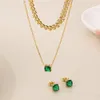 Necklace Earrings Set 2pcs/set Crystal Glass Stainless Steel Stud For Women Girl Gold Color Double Chain Party Wedding