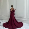 Elegante lange bordeauxrode strapless crêpe avondjurken met lint zeemeermin mouwloze hof trein prom -jurk feestjurken voor vrouwen