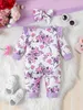 Rompers Adorable 2PCS衣装セット新生児のためのセット - 花柄の長袖ロンパーズボウバンド春秋の女の女の子衣料品