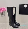 Black Leather knee high boots Round toe cowboy Chelsea Booties Top quality women's luxury designer Casual Fashion shoes factory footwear