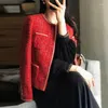 Vestes Femmes Rouge Tweed Blazers Femmes Automne Hiver Lâche O-Cou Costume Veste Femme Style Coréen Élégant Lady Manteaux