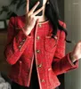 Vestes Femmes Rouge Tweed Blazers Femmes Automne Hiver Lâche O-Cou Costume Veste Femme Style Coréen Élégant Lady Manteaux