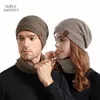 Bérets Chapeau d'hiver unisexe avec doublure en peluche coupe-vent chaud bonnet extérieur épais protection du cou écharpe ensemble bonnets de laine tricotés pour les femmes