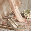 Sapatos de vestido Golden High Heels 2023 Sentido Francês Mostrar Ele Casamento Caminhada Modelo Profissional Dama de Honra Feminina