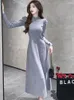 Vestidos casuais preto de malha gola alta quente vestido longo para senhoras 2023 coreano vintage hepburn baile outono inverno elegante cintura alta robe