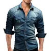 Camisas laamei denim camisa masculina bolso mangas compridas fino ajuste algodão vestido camisas casuais camisa masculina outono streetwear masculina