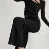 Pantalon femme hiver tricot jambe large femmes doux droit taille haute rayure verticale décontracté solide bureau épais femme pantalon