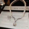 Necklace Earrings Set Luxury Rhinestone Waterdrop Pearl Choker For Women French Temperament Jewelry