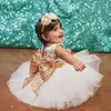 Vestidos de menina vestido flor branco tule cetim apliques com grande laço dourado pequeno casamento festa de aniversário primeira comunhão feriado