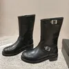 Stivaletti da donna firmati in pelle bovina slip on tacco grosso 4 cm stivali da neve da motociclista western da donna scarpe per il tempo libero all'aperto con sacchetti per la polvere scarpe casual classiche nere