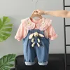 Clothing Sets Girls Spring and Autumn Cardigan Shirts Bib Jeans Trousers Two piece Baby Cute Suit Kids Infant Fashion Outfits 231218