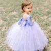 Classy Long Purple Flower Girl Dresses One Shoulder Satin Half Sleeves with Bow Ball Gown Floor Length Custom Made for Wedding Party