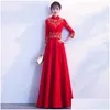 Ethnic Clothing Red Embroidery Chinese Evening Dress Long Bride Qipao Oriental Style Party Dresses Bridesmaid Robe Ceremonie Fille Gow Otdvx