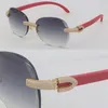 New Micro-paved Diamond Set Rimless Red Wooden Womans Sunglasses Wood Rocks Frame Male and Female Sun Glasses Mens 18K Gold C Deco275n