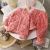 Pajamas Thicken Baby Boys Pajamas Autumn Winter Flannel Warm Children's Home Clothes Two-Piece Set Solid Color Plush Kids Girls Pajamas