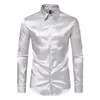 Camisas de vestido masculinas camisa de seda manga longa único breasted ouro cetim casual magro ajuste festa formal homem roupas