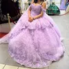 Vestido de baile de lavanda quinceanera, ombro de fora, flores 3d, apliques de renda, miçangas, com capa, espartilho, vestidos para xv anos