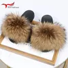 Slippers Real Raccoon Fur Slippers For Women Summer Fluffy Indoor House Fuzzy Flat Slides Outdoor Fashion Beach Sandals Flip Flops 231219