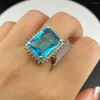 Cluster Rings HOYON S925 Silver Color Luxury Natural Sea Blue Topa Sapphire Exaggerated Ring Women's Crystal Gem Wedding Engagement Jewelry