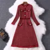 2023 autumn Long Sleeve Crew Neck Red Panelled Button Tweed A-Line ball gown Dress Elegant Casual Dresses