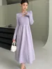 Casual Dresses Autumn Winter 2023 Women Light Purple Party Dress Elegant Cross V-Neck Slim Sticked Black Pleated Korean Office Lady Lady