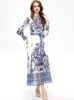 Women's Runway Dress Turn Down Collar Long Sleeves Vintage Printed Beaded Elegant Lace Up Belt Fashion Designer Vestidos