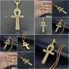 Hanger Kettingen Heren Egyptische Ankh Kruis Hanger Met 14K Geel Gouden Ketting En Iced Out Bling Fl Strass Ketting Hip Hop Egypte Dhvzq