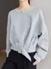 Kvinnor Hoodies Sweatshirts Stylish Grey Autumn Winter Women Plain Long Sleeve Belt Midje Loose Casual Oversize Pullovers Korean Short Jumper 231218
