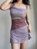 Casual Dresses Beran Retro Cute Young Adult Square Collar Color Matching Plaid Mesh Cinched Slim Looking Vest Dress Short Skirt