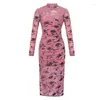 Sukienki swobodne Elegancka qipao PROM SURES Women 2023 Style chiński Ulepszony Cheongsam Print Elastic Mesh Bodycon Folds Robe Femme Party